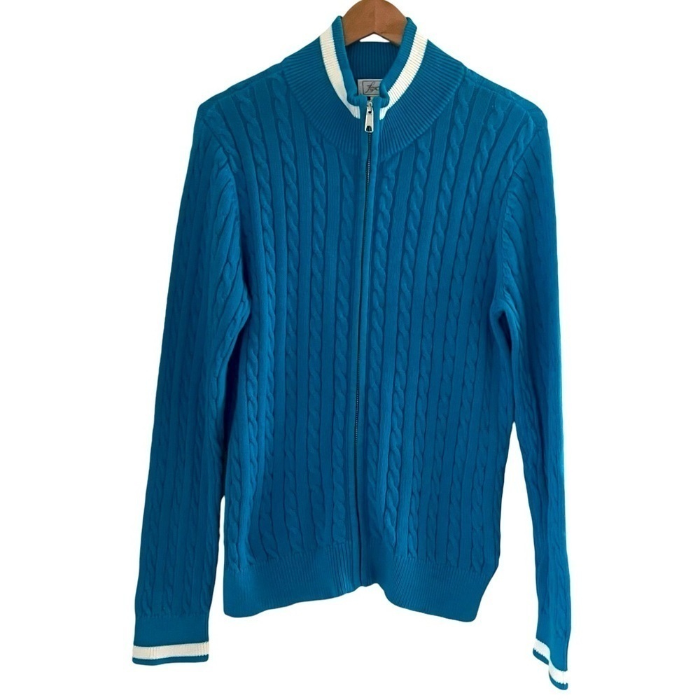 Foxcroft Women XL Blue White Trim Zip Sweater Cable Knit Cardigan Supima Cotton